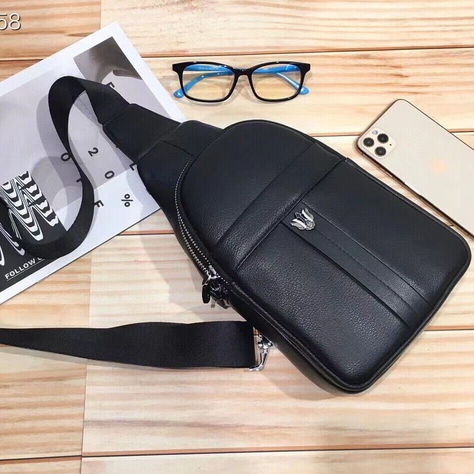 Top Soft Cow Leather Black Sling Backpack, Men's Crossbody Chest Bags for Hiking
