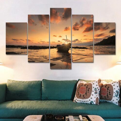 Sea Boat in Sunset Beach 5 Pcs Canvas Wall Art Painting Picture Home Decor