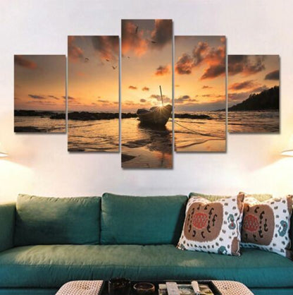Sea Boat in Sunset Beach 5 Pcs Canvas Wall Art Painting Picture Home Decor