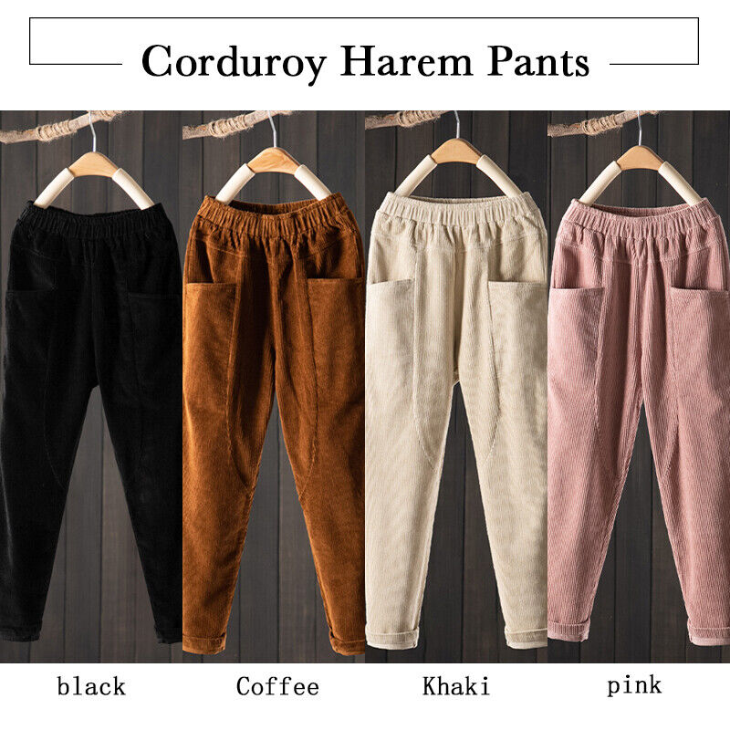 Women Elastic Waist Corduroy Pants Winter Warm Fleece Loose Cargo Baggy Trousers