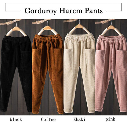 Women Elastic Waist Corduroy Pants Winter Warm Fleece Loose Cargo Baggy Trousers