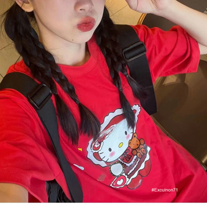 Vintage Y2K Womens Cute Hello Kitty Red Casual Short Sleeves Tops Loose