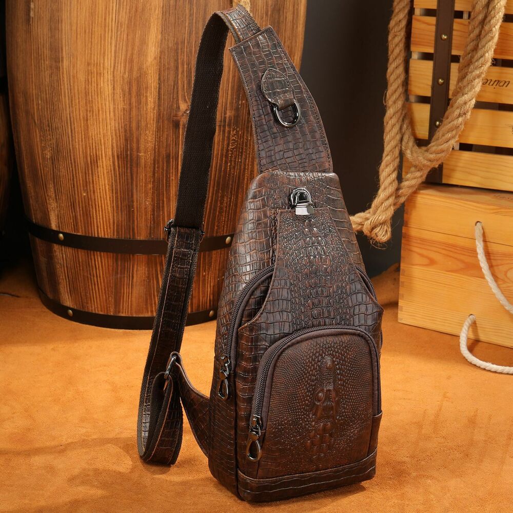 Men's Sling Backpack 100% Genuine Leather Crocodile Crossbody Chest Bag Daypack