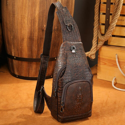 Men's Sling Backpack 100% Genuine Leather Crocodile Crossbody Chest Bag Daypack