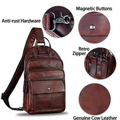 IVTG Genuine Leather Sling Bag for Men Vintage Crossbody Medium, Coffee