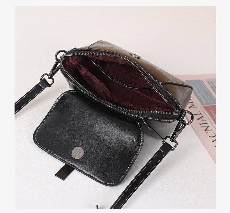 Wax Cowhide Leather Crossbody Small Bag Shoulder Shell Casual Purse Polyester