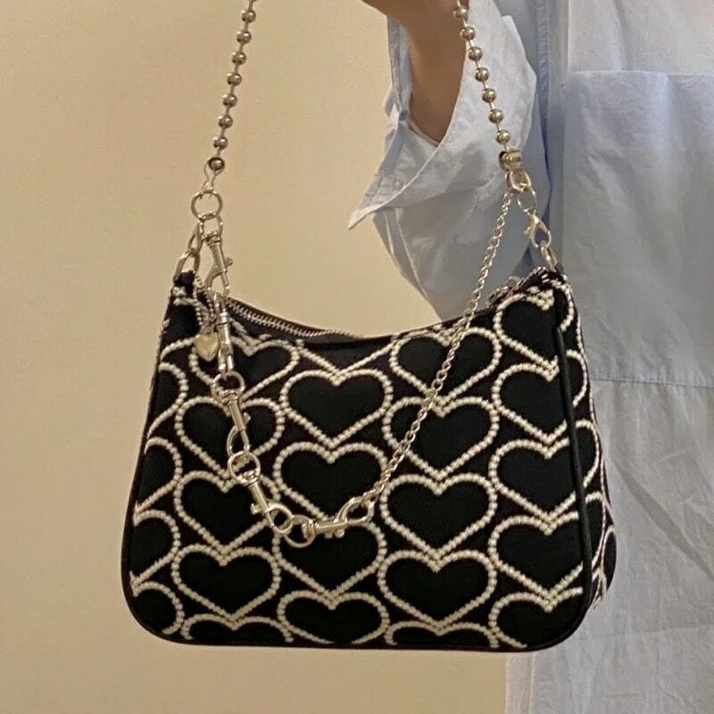 Fashion Heart Shape Embroidered Shoulder Bag Woman Lolita Gothic Tote Canvas Bag