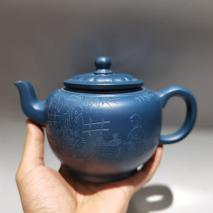 vintage chinese yixing purple clay teapot zisha ceremony carved blue teaware art