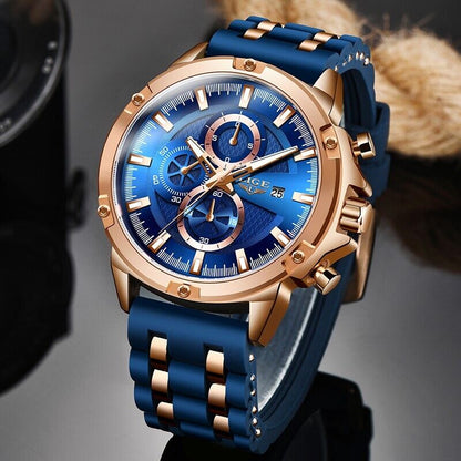 LIGE Men Watch Mens Bridge Manual Mechanical Dial Watch Rose Gold Blue Metal New