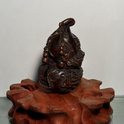 Chinese Boxwood Carved Dragon Gourd Statue Wooden Figurines Art Gift Collection