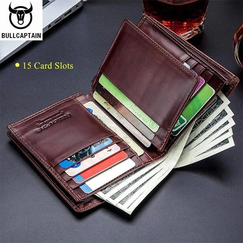 BULLCAPTAIN Mens Wallet Genuine Leather RFID Bifold Large Capacity Card Holder