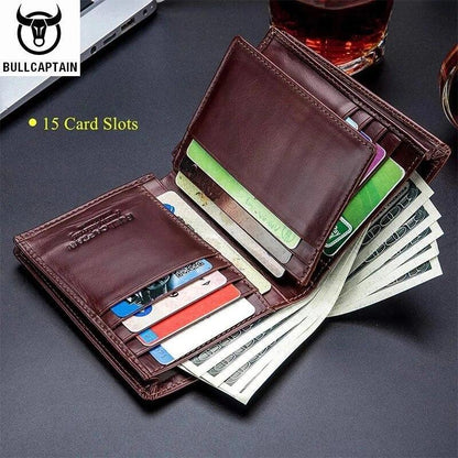 BULLCAPTAIN Mens Wallet Genuine Leather RFID Bifold Large Capacity Card Holder