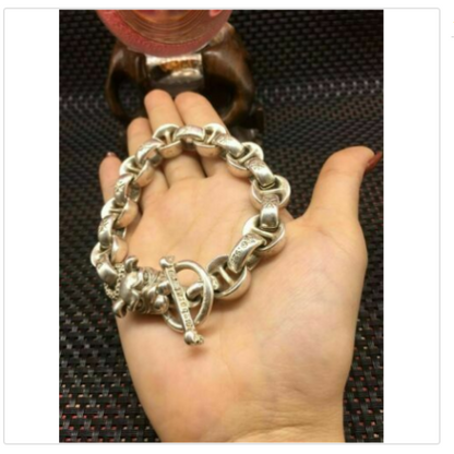 Asian chinese old miao silver hand cast dog statue bracelet jewel cool gift