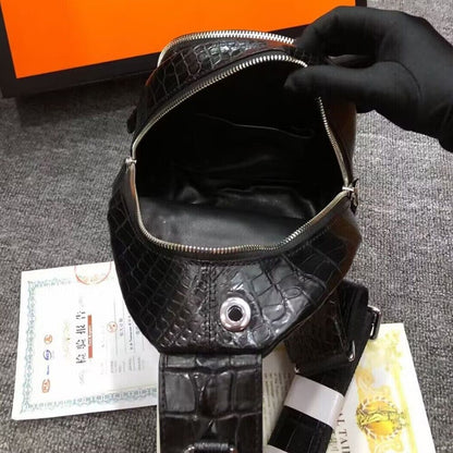 Original Crocodile Skin Leather Crossbody Bag, Men's Luxury Black Sling Backpack