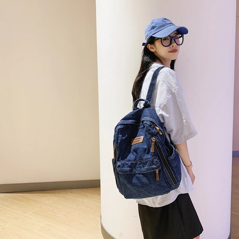 Backpacks For Women Student School Bag Multi Pockets Blue Rucksack