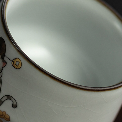 Ruyao Ceramic Teacup Set of 2 Cups Lovely Cat Chinese Kung Fu Tea Cup 140ml