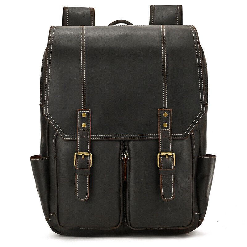 Mens Real Leather 15.6" Laptop Bag Backpack Large Hiking Travel Camping Carry On