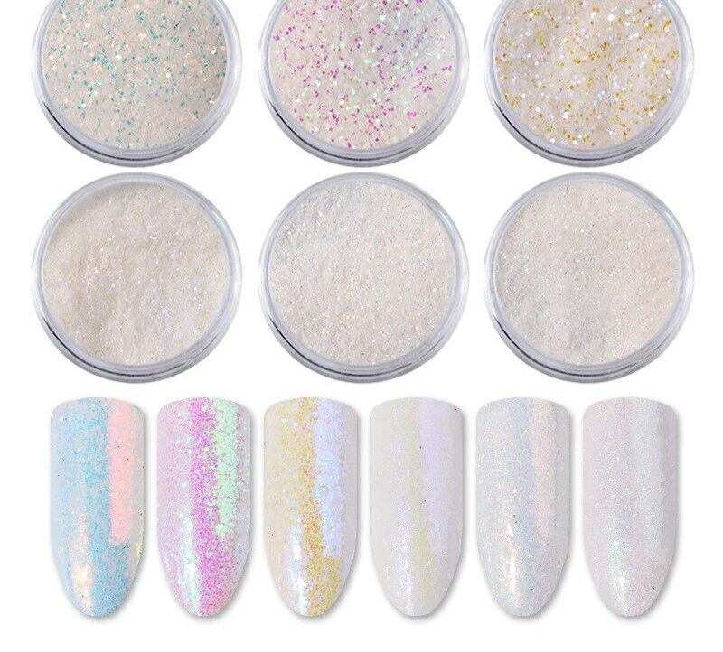Nail Art Glitter Powder 6Pcs Unicorn Aurora White Sequin Dust Small Flakes Decor