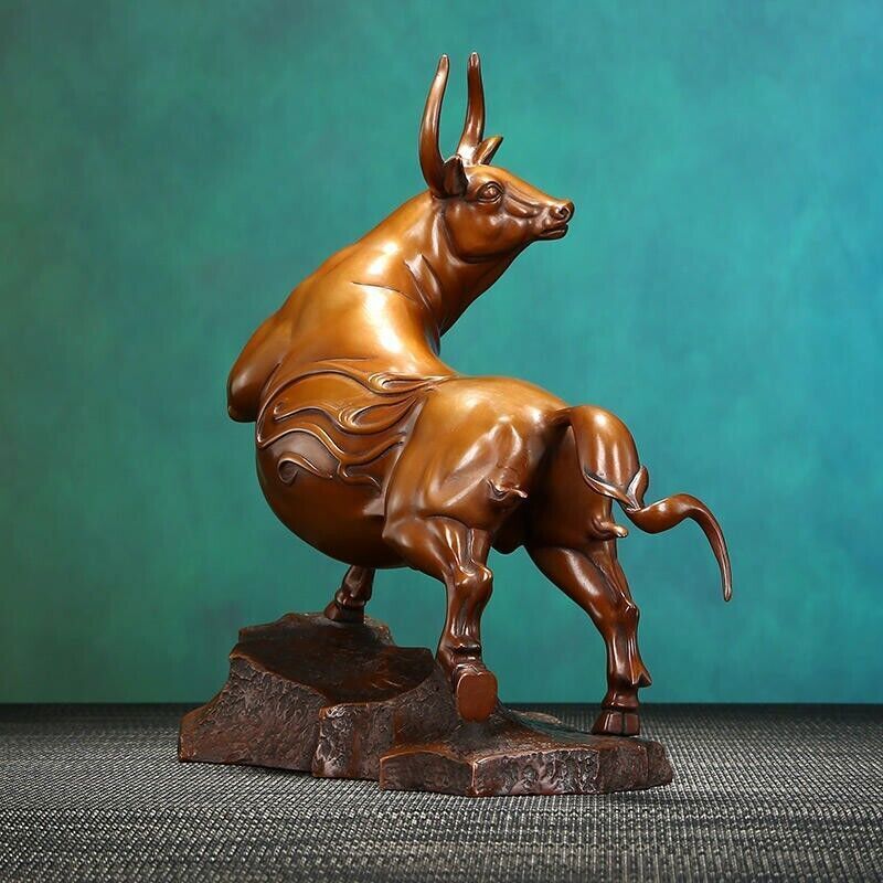 10" Chinese Red Copper Feng Shui Bull Oxen OX Strong Cattle Luck Sculpture craft