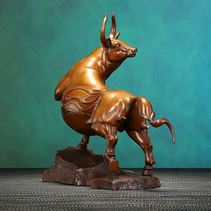 10" Chinese Red Copper Feng Shui Bull Oxen OX Strong Cattle Luck Sculpture craft