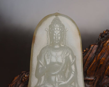 Chinese Natural Hetian Jade Carving Kwan Yin Statue Lucky Pendant Gift Amulets