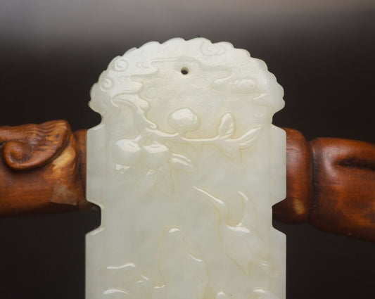 Chinese Natural Hotan Jade Carving Exquisite Crane Statue Pendant Jewelry Rare