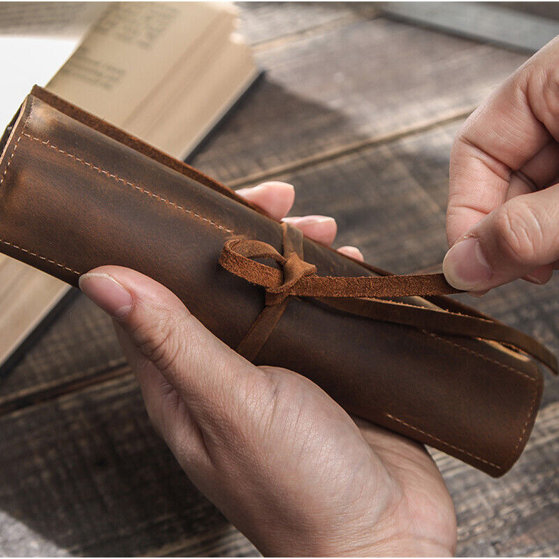Handmade Cowhide Leather Pen Pouch Vintage Roll-up Pencil Case Bag Pen Curtain