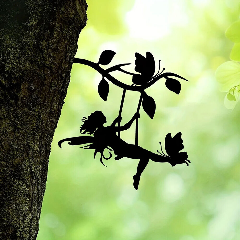Swing Elf On Branch Steel Silhouette Metal Wall Art Home Garden Yard Patio
