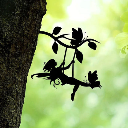 Swing Elf On Branch Steel Silhouette Metal Wall Art Home Garden Yard Patio