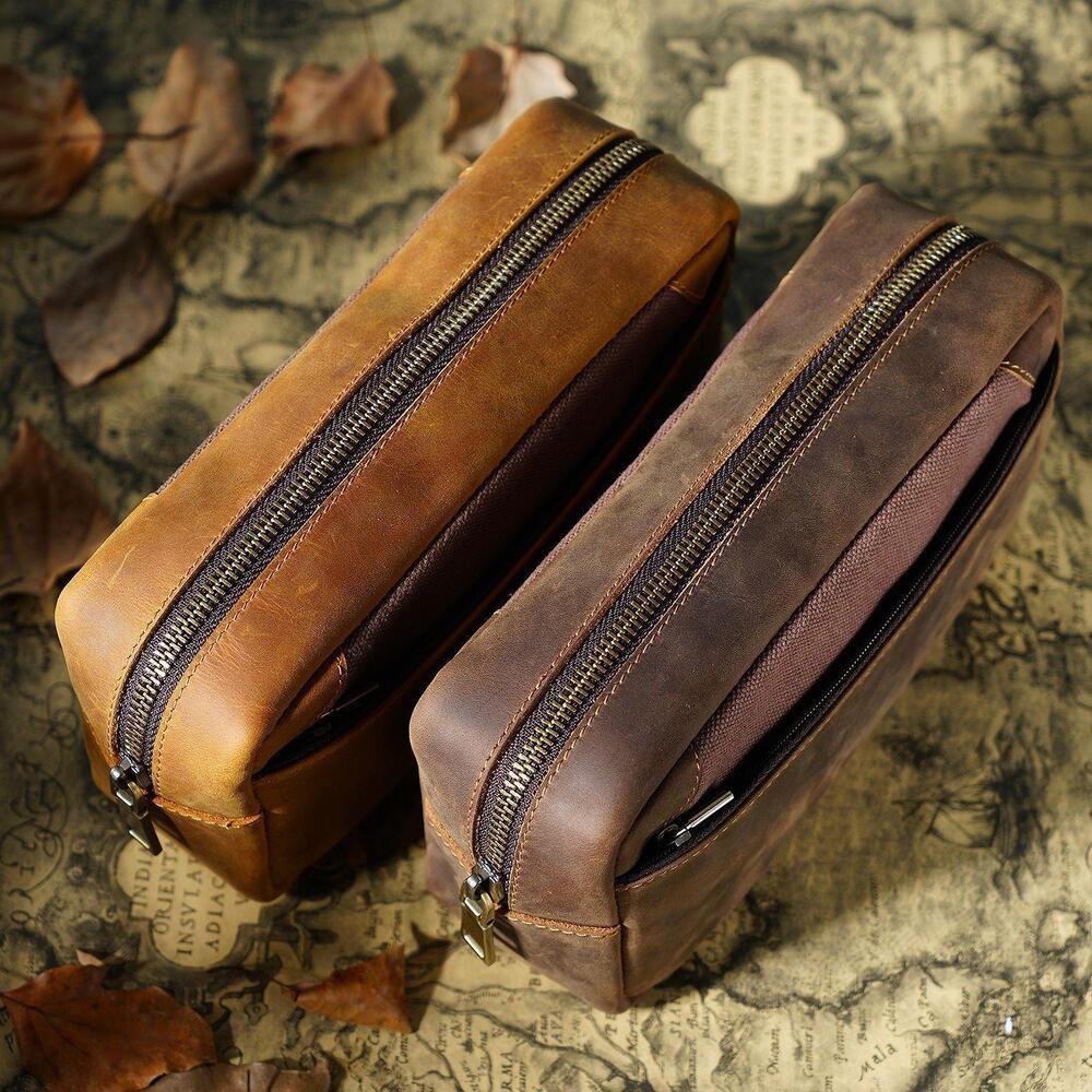 Handmade Cowhide Leather Pen Pouch Zipper Pencil Case Stationery Storage Pen Bag