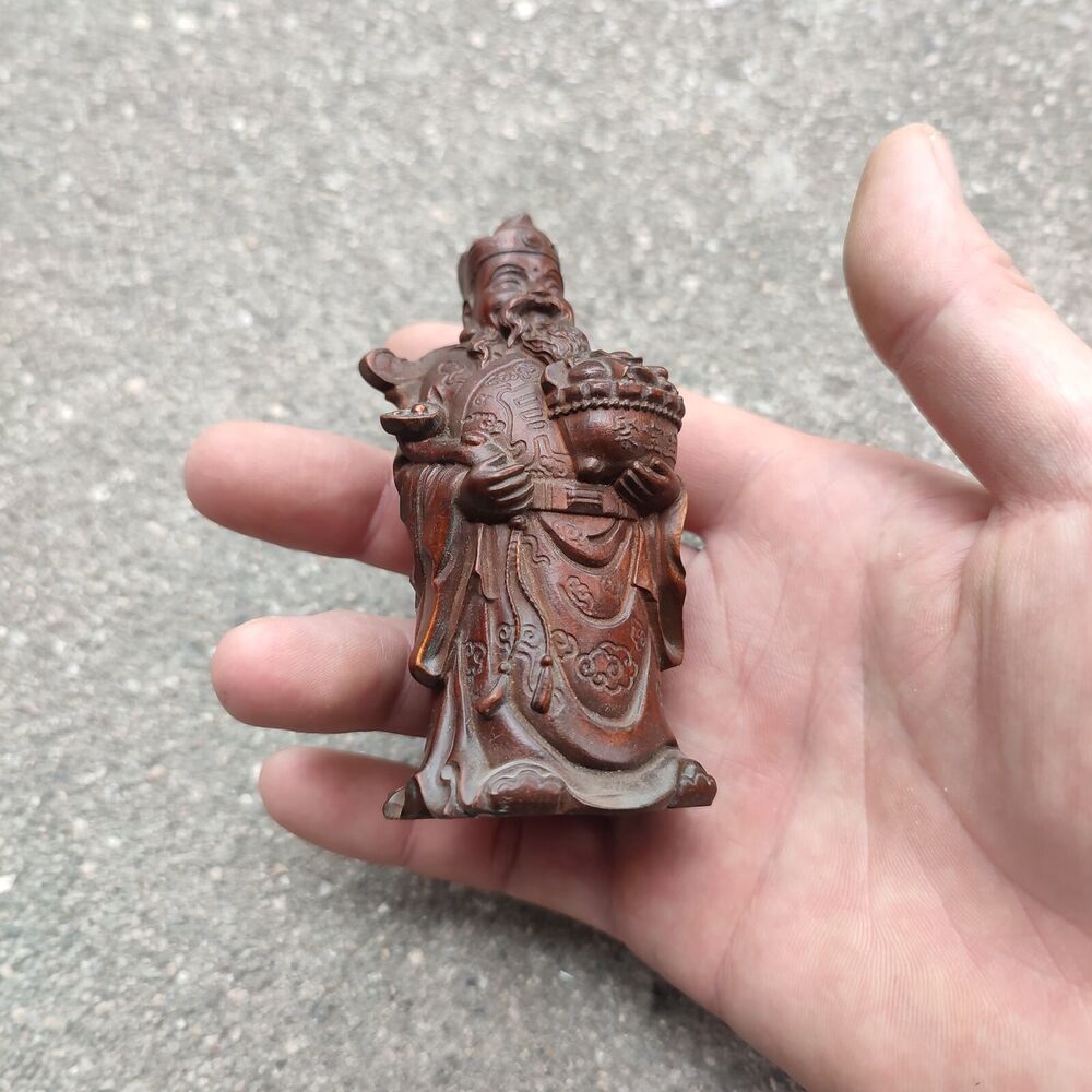 Vintage Wooden Ornaments Boxwood Carving Wealth Mammon Buddha Statue Figurine