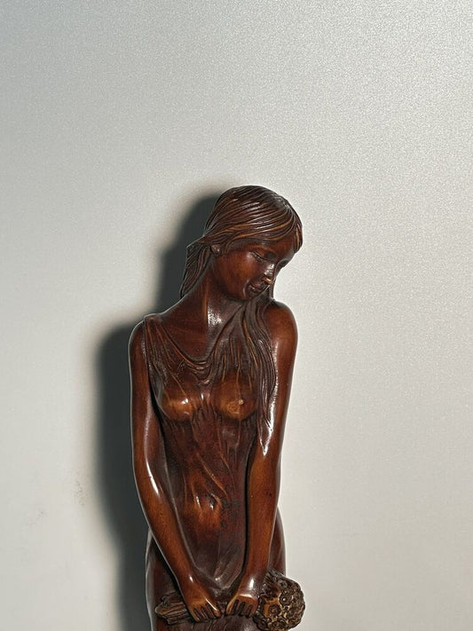 Chinese Boxwood Carved Sexy Beautiful Girl Statue Wood Figurines Home Decor Art