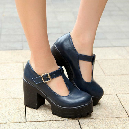 Women's Chic Chunky Heels High Platform Mary Jane Ankle T-Strap Punk Shoes Solid