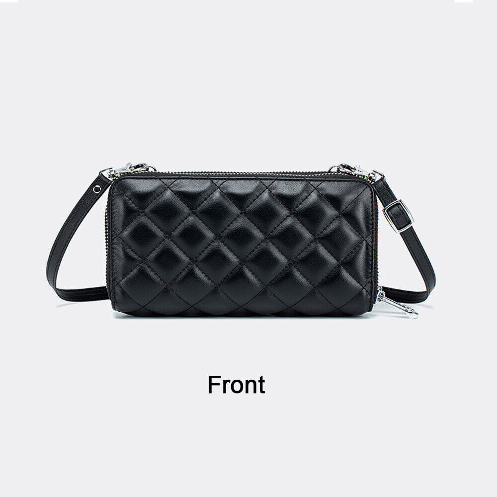 Genuine Leather Women Double Zip Wallet Phone Bag Crossbody Shoulder Pack Black