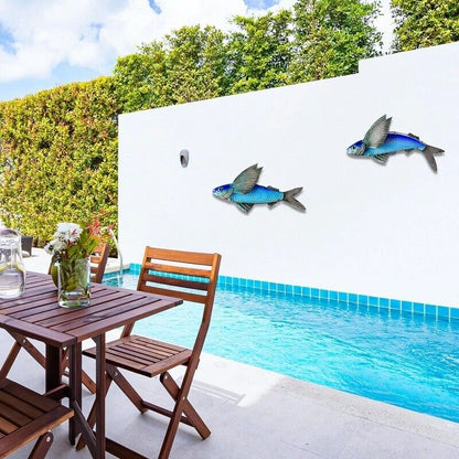 Wall Decor Flying Fish 2Pcs Metal Glass Sculpture Garden Art Hanging 38x2x18.5cm