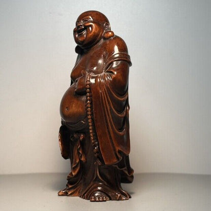 Vintage Chinese Boxwood Carving Laughing Buddha Statue Ornaments Wooden Figurine