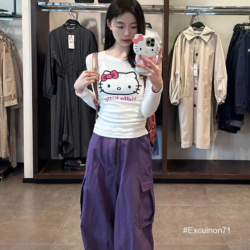 Hello Kitty cute Long Sleeved T Shirt Sexy Printed Round Neck Women Y2K Slim Top
