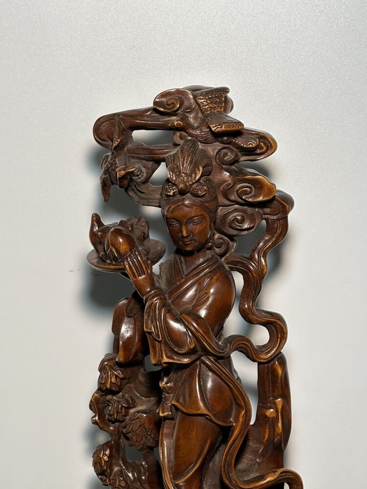 Chinese Old Natural Boxwood Carving Beautiful Woman Statues Woodwork Figurines