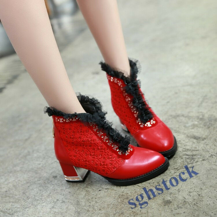 Womens Gladiator Low Block Heel shoes Ankle Boots Mesh Lace Crystal Zip Punk New