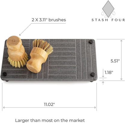 Water Absorbent Sink Caddy with Bamboo Dish Brush Set Instant Drying Tray