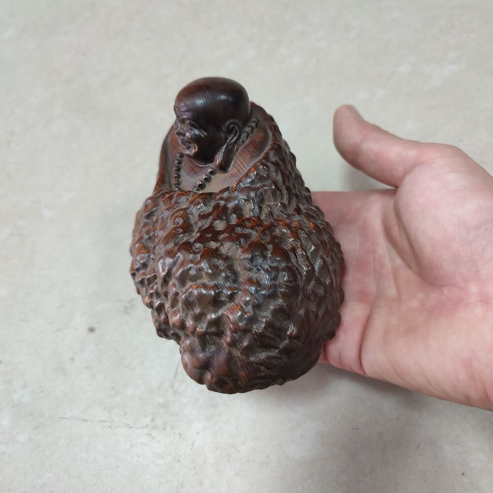 Wood carving buddha statue buddhism good fortune Amitabha fat happy praying art