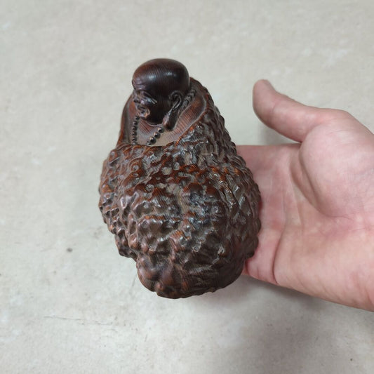 Wood carving buddha statue buddhism good fortune Amitabha fat happy praying art