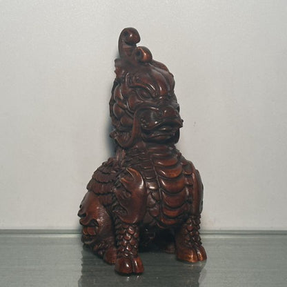 Chinese Wooden Carved A Pair Dragon Statue Unicorn Wood Home Decor Sculpture Art