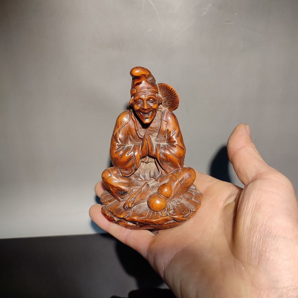 Nice wooden buddha statue boxwood carving happy monk antique figures home decor