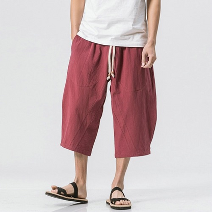 Man Cotton Linen Leg Pants Loose Calf-Length Pants Bloomer Summer Baggy Trousers