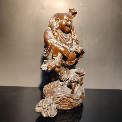 Boxwood carving wooden laughing buddha Amitabha monk statue home decor figurines