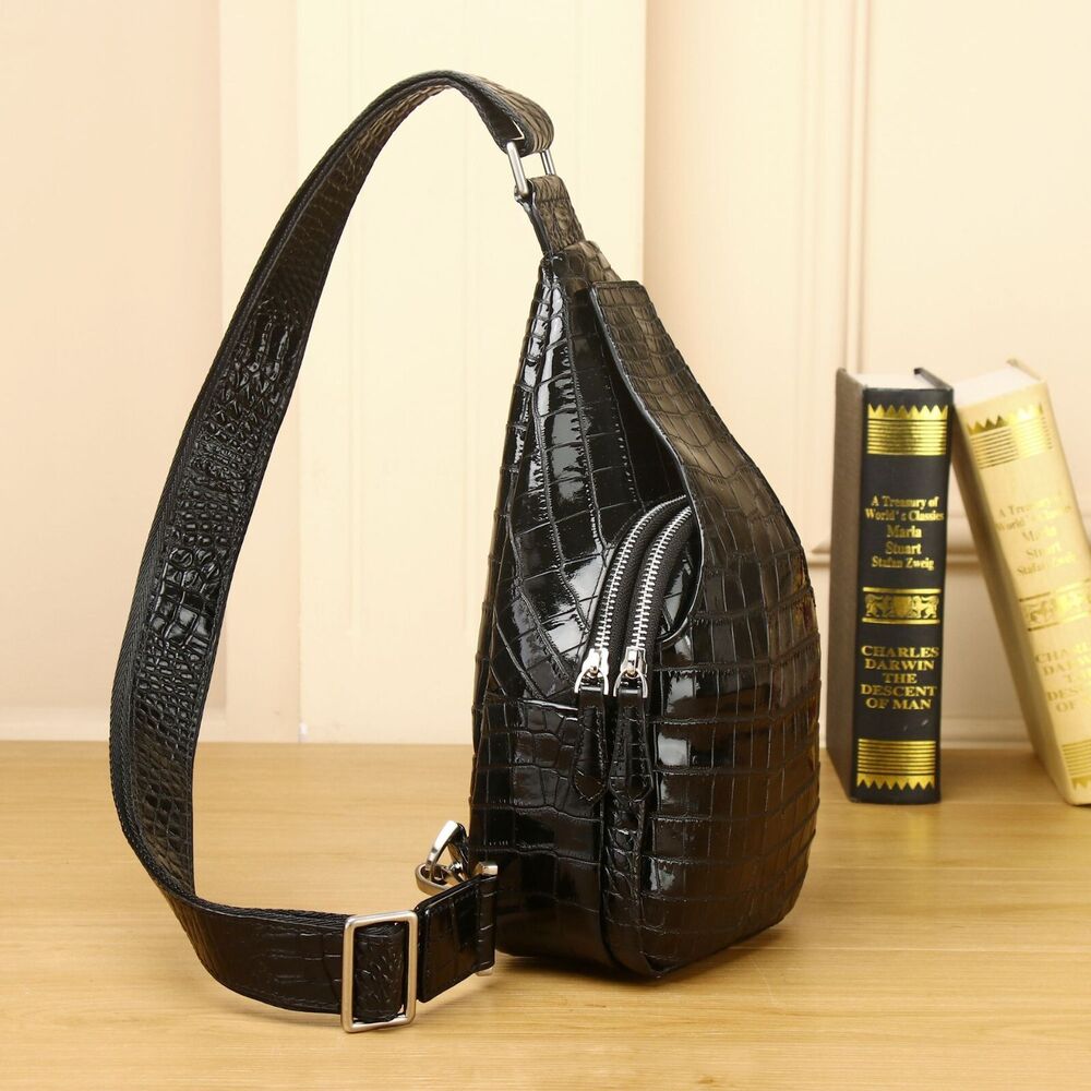 Men's Luxrry Sling Backpack, Crocodile Belly Embossed Crossbody Bag Cowhide