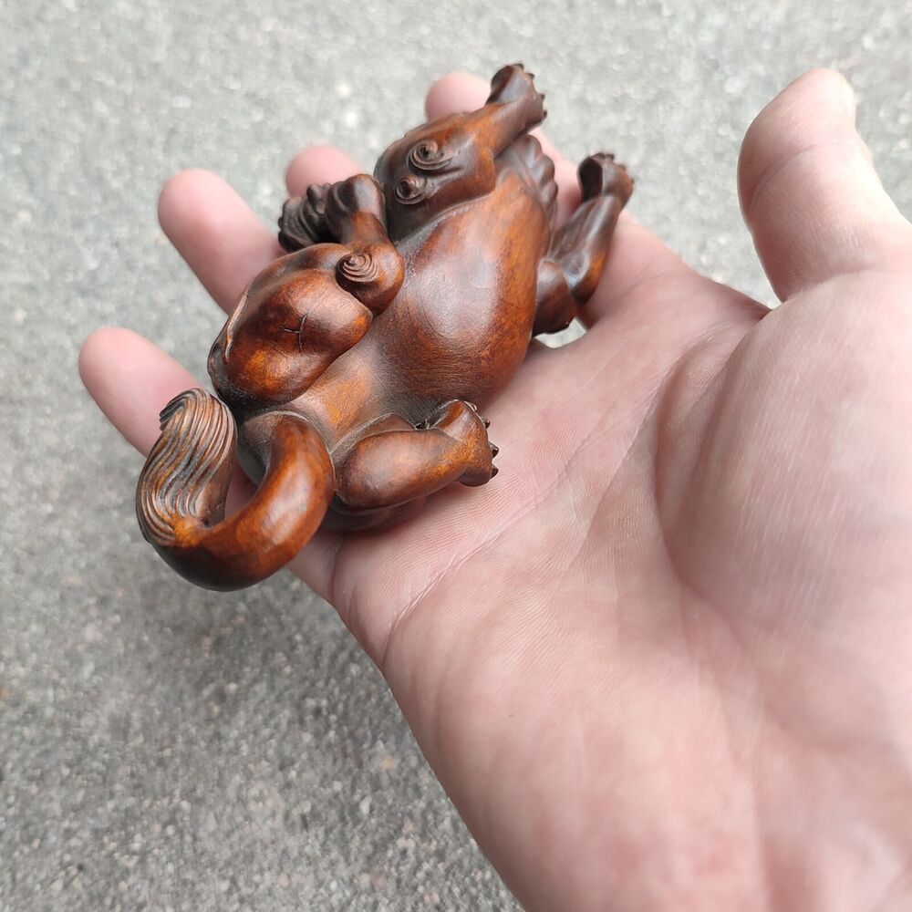 Chinese Unicorn Fabulous Kylin Dragon Statue Figurines Boxwood Carving Gift Art