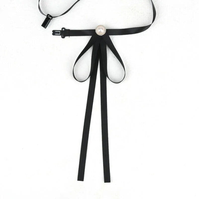 Women Pre-Tied Collar Bowknot Pearl Ribbon Brooches Pin Bow Tie Vintage Neckties