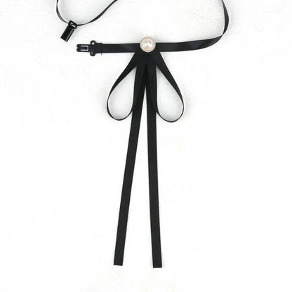 Women Pre-Tied Collar Bowknot Pearl Ribbon Brooches Pin Bow Tie Vintage Neckties